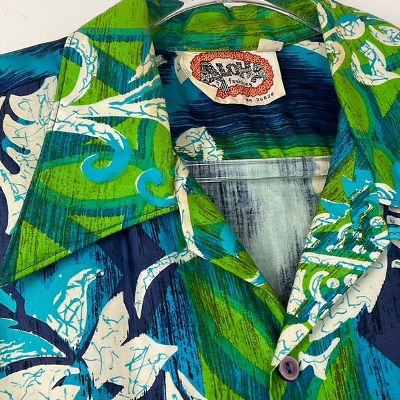 Vintage Hawaiian Shirt Mens Aloha‎ Fashions Blue Green Floral Button Up Size M - Picture 4 of 7